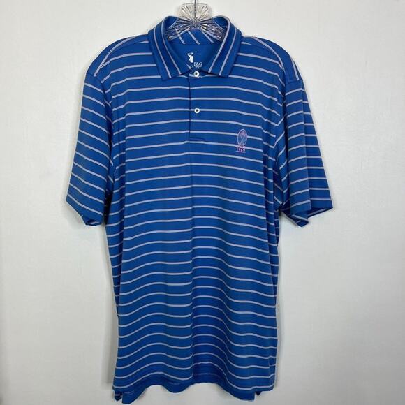F & G Tech Size Large Mens Blue Pink White Striped Golf Polo Shirt Performance - Picture 2 of 9